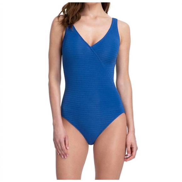 NEW GOTTEX surplice high back one piece swimsuit in got deep dive blue
